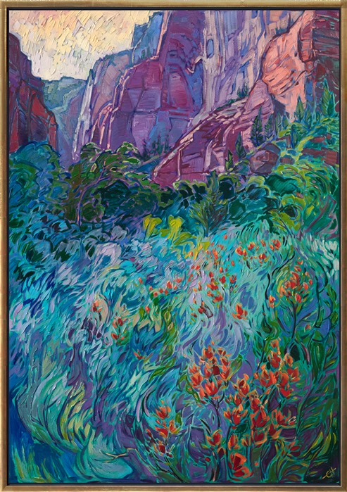About the Painting:<br/>Kolob Canyon is the lesser-visited entrance to Zion National Park, but well worth the drive north. The quiet canyons are lush and verdant, and in the springtime wildflowers and soft green sagebrush abound.</p><p>"Kolob in Bloom" was created on 1-1/2" canvas, with the painting continued around the edges. The piece arrives framed in a contemporary gold floater frame.