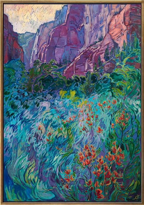 About the Painting:<br/>Kolob Canyon is the lesser-visited entrance to Zion National Park, but well worth the drive north. The quiet canyons are lush and verdant, and in the springtime wildflowers and soft green sagebrush abound.</p><p>"Kolob in Bloom" was created on 1-1/2" canvas, with the painting continued around the edges. The piece arrives framed in a contemporary gold floater frame.