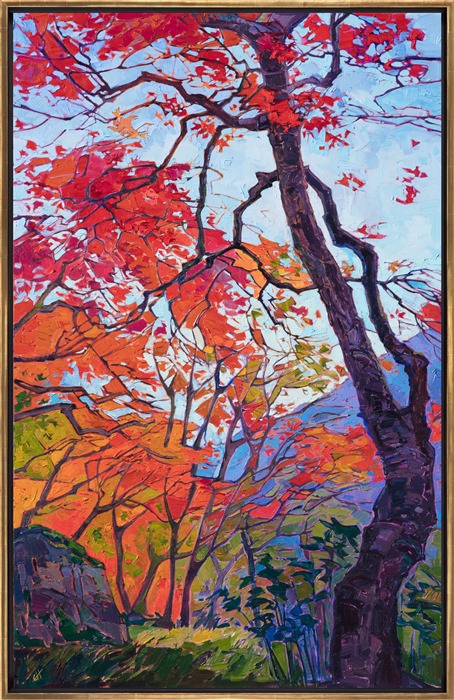 Trees are truly the people of the landscape.  These maple trees have beautiful, abstract fronds that seem to dance between the layers of cadmium leaves. The distant mountains of blue and purple are the perfect contrast to the warm colors in the foreground.</p><p>This painting was done on 1-1/2" canvas, with the painting continued around the edges.  The piece has been framed in a gold leaf floater frame.