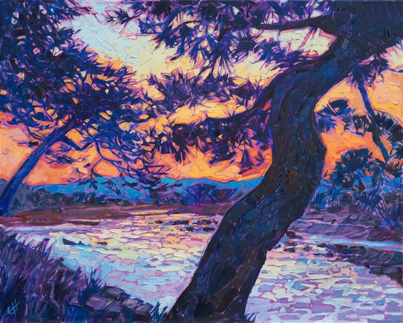 The warm glow of an autumn sunrise over Arashiyama Park in Kyoto, Japan, was a brilliant contrast against the distant mountains, bright blue against the warming sky. The brush strokes in this painting capture the energy and color variation seen in this landscape.

This painting was created on 1-1/2" canvas, with the painting continued around the edges. The piece has been framed in a custom-made, gold floater frame.