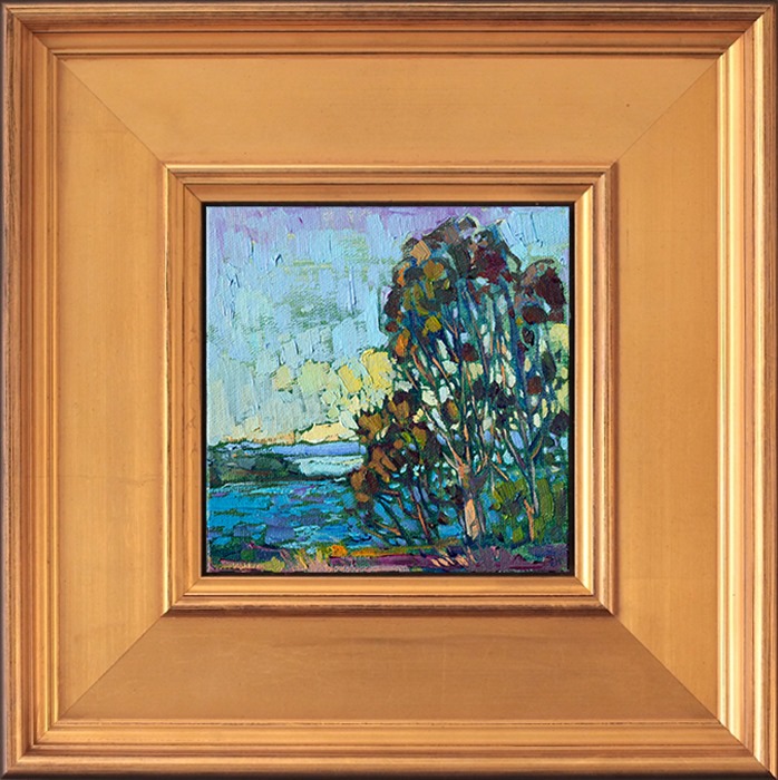 La Jolla eucalyptus trees are painted in vivid oil color on a small 6x6 panel. This expressive painting uses impressionistic brush strokes to capture the wide outdoors and afternoon light.</p><p>These petite works are part of the 12 Days of Christmas Collection, which are being released one painting per day, starting on December 5th.  Each 6x6 painting is beautifully framed in a classic floater frame, which allows you to enjoy the brush strokes all the way to the edge of the painting.