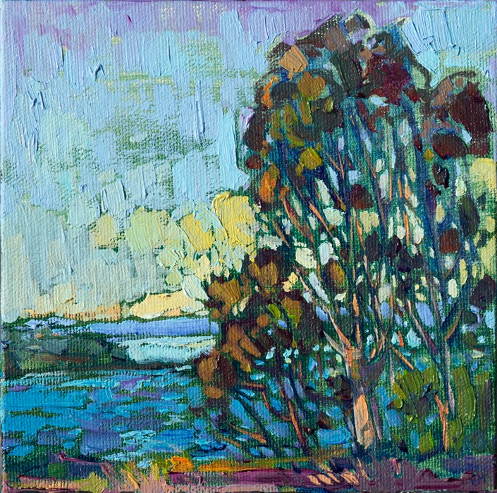 La Jolla eucalyptus trees are painted in vivid oil color on a small 6x6 panel. This expressive painting uses impressionistic brush strokes to capture the wide outdoors and afternoon light.</p><p>These petite works are part of the 12 Days of Christmas Collection, which are being released one painting per day, starting on December 5th.  Each 6x6 painting is beautifully framed in a classic floater frame, which allows you to enjoy the brush strokes all the way to the edge of the painting.