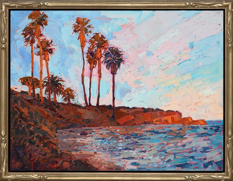 This painting was included in the exhibition <i><a href="https://www.erinhanson.com/Event/TheColorsofSpringArtExhibitionLaJolla" target="_blank">The Colors of Spring</i></a> at the La Jolla Art Library from March 11th through May 21st. </p><p>This painting was included in the exhibition <i><a href="https://www.erinhanson.com/Event/ContemporaryImpressionismatGoddardCenter" target="_blank">Open Impressionism: The Works of Erin Hanson</i></a>, a 10-year retrospective and study of the development of Open Impressionism. </p><p>About the painting:<br/>Erin Hanson moved to San Diego in 2017.  She has been painting the local landscape there, and this painting of the Cove at La Jolla captures the California coastline in the vivid colors and expressive brush strokes that Hanson has become so well known for.  </p><p>This painting was done on 1-1/2" canvas, with the painting continued around the edges. The painting arrives framed in a hand-carved gold floater frame (<a href="https://www.erinhanson.com/blog?p=aboutframes" target=_"blank">open impressionist frame</a>).