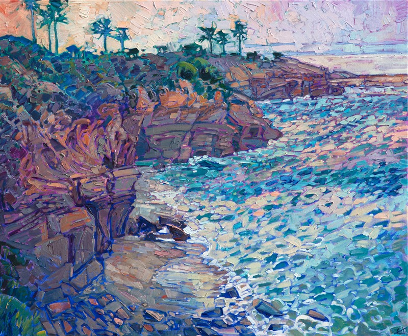 The moving waves of La Jolla Cove are captured here in thick, impressionistic brush strokes.  The seascape beckons to early morning divers and hikers, a beautiful vision of natural beauty at dawn.</p><p>This painting was done on 1-1/2" canvas, with the painting continued around the edges of the canvas. The piece arrives framed and ready to hang.