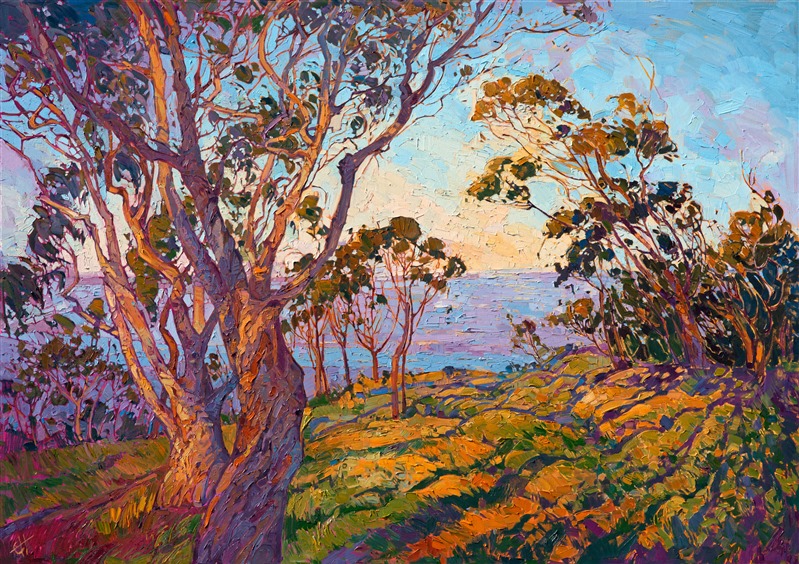 Early dawn casts a rainbow glow across this southern California landscape.  The eucalyptus trees capture the colors of the atmosphere in their papyrus-like bark. The brush strokes in this painting are loose and impressionistic, capturing the movement and feeling of the wide outdoors.</p><p>This painting was created on 2" museum-depth canvas, with the painting continued around the edges of the stretched canvas. It arrives ready to hang without a frame. (Please contact the artist if you would like information on framing options for this painting.)