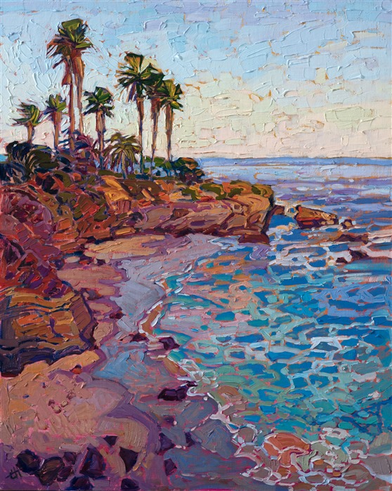 The La Jolla Cove is captured in vivid, impressionistic strokes of oil paint. The foaming waters below swirl and glimmer in the changing light.</p><p>This painting was created on linen board, and it arrives ready to hang in a custom-made frame.
