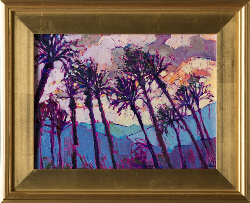 This modern impressionistic take on La Quinta palm trees blends the abstract with the real, bringing out the vibrant colors seen in the southern California desert.  Each brush stroke is applied with energy, carrying the eye through the motion of the painting.</p><p>This painting was created on 3/4"-deep canvas. It has been framed in a beautiful classic frame and arrives wired and ready to hang.