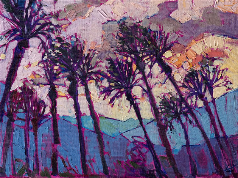 This modern impressionistic take on La Quinta palm trees blends the abstract with the real, bringing out the vibrant colors seen in the southern California desert.  Each brush stroke is applied with energy, carrying the eye through the motion of the painting.</p><p>This painting was created on 3/4"-deep canvas. It has been framed in a beautiful classic frame and arrives wired and ready to hang.