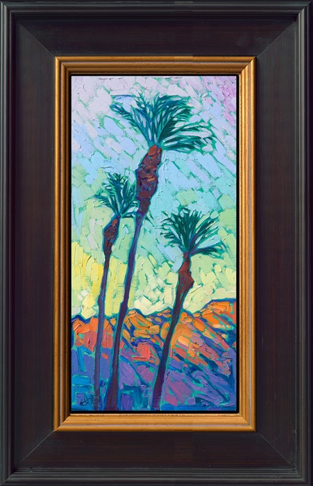 Date palms stretch high into the desert sky in this painting of La Quinta, California. Thick brush strokes and vibrant colors capture the color of summer.</p><p>