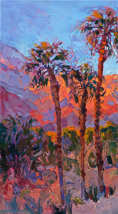 This stunning triptych painting was created on three deep canvases, with the painting continued around the wrapped edges, for a unique modern look.  Bring the saturated color and dawn beauty of California's desert into your home, capturing this fleeting moment of transient aesthetic.  The thick brush strokes of oil paint stand off the canvas with spontaneous energy and motion, causing the painting to come alive.</p><p>This painting was created on three museum-depth canvases, with the painting continued around the edges of each stretched canvas. This painting was designed to hang without a frame.