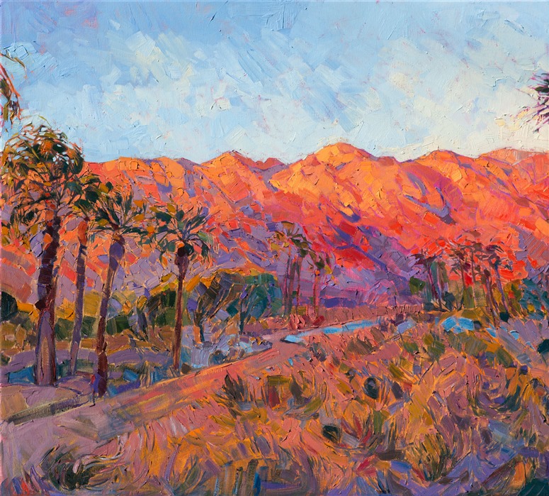 This stunning triptych painting was created on three deep canvases, with the painting continued around the wrapped edges, for a unique modern look.  Bring the saturated color and dawn beauty of California's desert into your home, capturing this fleeting moment of transient aesthetic.  The thick brush strokes of oil paint stand off the canvas with spontaneous energy and motion, causing the painting to come alive.</p><p>This painting was created on three museum-depth canvases, with the painting continued around the edges of each stretched canvas. This painting was designed to hang without a frame.