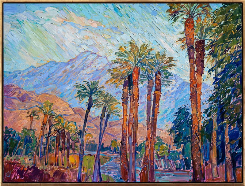I have been doing shows in La Quinta and Palm Springs for almost twenty years. Every time I return to the desert, I am blown away again by the beautiful colors of the mountains and palm trees--especially during early morning golden hour and sunset. This painting captures a view from Highway 111, where you can see the San Juacinto mountains dusted in snow in the distance, peeking between the lanky palms.
