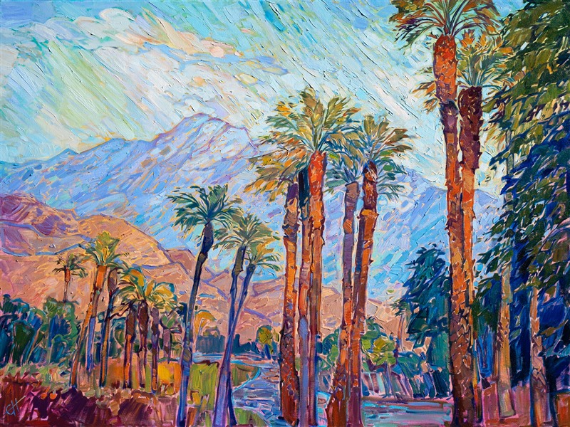 I have been doing shows in La Quinta and Palm Springs for almost twenty years. Every time I return to the desert, I am blown away again by the beautiful colors of the mountains and palm trees--especially during early morning golden hour and sunset. This painting captures a view from Highway 111, where you can see the San Juacinto mountains dusted in snow in the distance, peeking between the lanky palms.