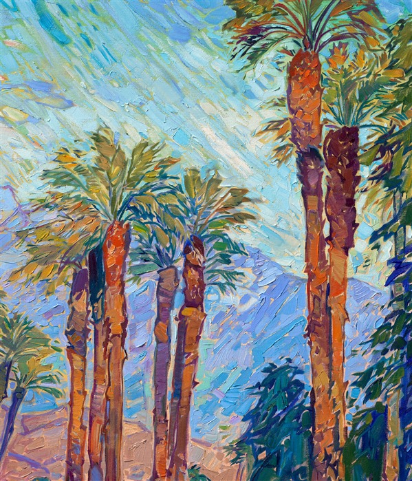 I have been doing shows in La Quinta and Palm Springs for almost twenty years. Every time I return to the desert, I am blown away again by the beautiful colors of the mountains and palm trees--especially during early morning golden hour and sunset. This painting captures a view from Highway 111, where you can see the San Jacinto mountains dusted in snow in the distance, peeking between the lanky palms.