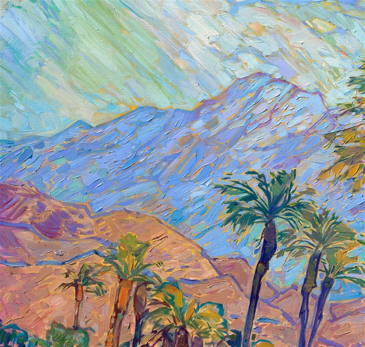 I have been doing shows in La Quinta and Palm Springs for almost twenty years. Every time I return to the desert, I am blown away again by the beautiful colors of the mountains and palm trees--especially during early morning golden hour and sunset. This painting captures a view from Highway 111, where you can see the San Jacinto mountains dusted in snow in the distance, peeking between the lanky palms.
