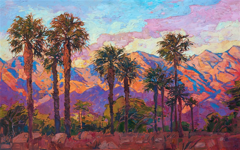 The Santa Rosa mountain range behind La Quinta is most beautiful at dawn, when the warm morning light illuminates the mountains and brings out all the beautiful color of the desert.  This impressionistic painting captures the light and movement of the outdoors with wide, loose brush strokes and vivid color.</p><p>This painting was done on 1-1/2" canvas, with the painting continued around the edges for a 3-dimensional effect. The piece has been framed and it arrives ready to hang.