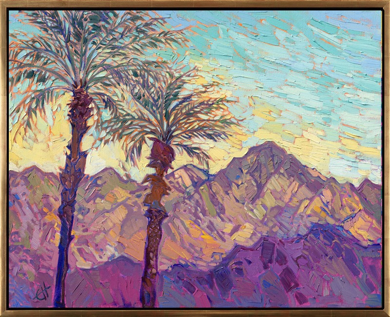 This abstract impressionist oil painting captures the desert beauty of La Quinta's Cove, tucked up in the foothills of the Santa Rosa Mountains. Thick brush strokes capture the delicate color hues of these rocky mountains.</p><p>