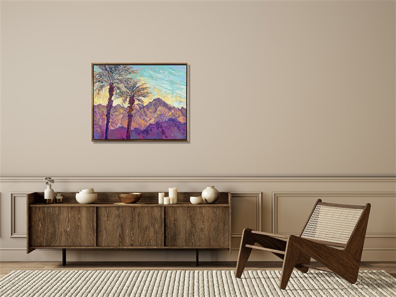 This abstract impressionist oil painting captures the desert beauty of La Quinta's Cove, tucked up in the foothills of the Santa Rosa Mountains. Thick brush strokes capture the delicate color hues of these rocky mountains.</p><p>