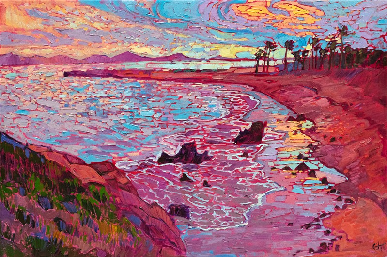 The beach near Newport Beach is pictured here in fiery colors of sunset. The wet sands glow with hues of orange and pink, while the calm ocean waters reflect the ever-changing colors of the sky. The impressionist brush strokes capture the movement and light of the scene.</p><p>"Laguna Coast" was created on 1-1/2" canvas, with the painting continued around the edges of the canvas. The piece arrives framed in a 23kt gold leaf floating frame.