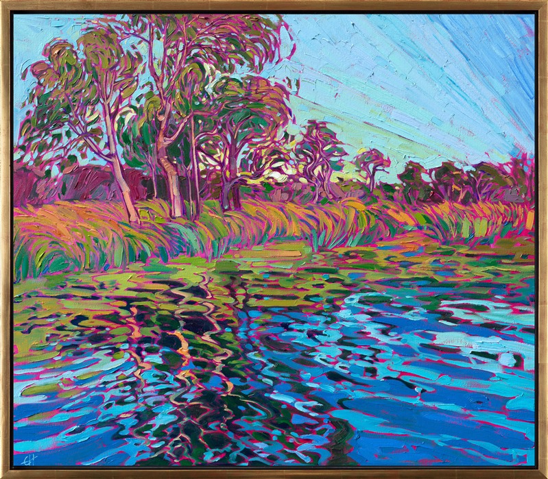 Cool blue waters reflect the nearby eucalyptus trees, in this oil painting of Lake Miramar, in San Diego. The impasto brush strokes add dimension and movement to the impressionistic piece, and the colors and bright and lively.</p><p>"Lake Miramar" was created on 1-1/2" canvas, with the painting continued around the edges. The piece arrives framed in a contemporary gold floater frame.