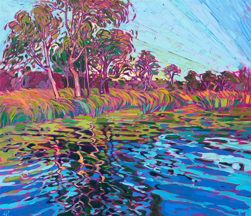Cool blue waters reflect the nearby eucalyptus trees, in this oil painting of Lake Miramar, in San Diego. The impasto brush strokes add dimension and movement to the impressionistic piece, and the colors and bright and lively.</p><p>"Lake Miramar" was created on 1-1/2" canvas, with the painting continued around the edges. The piece arrives framed in a contemporary gold floater frame.