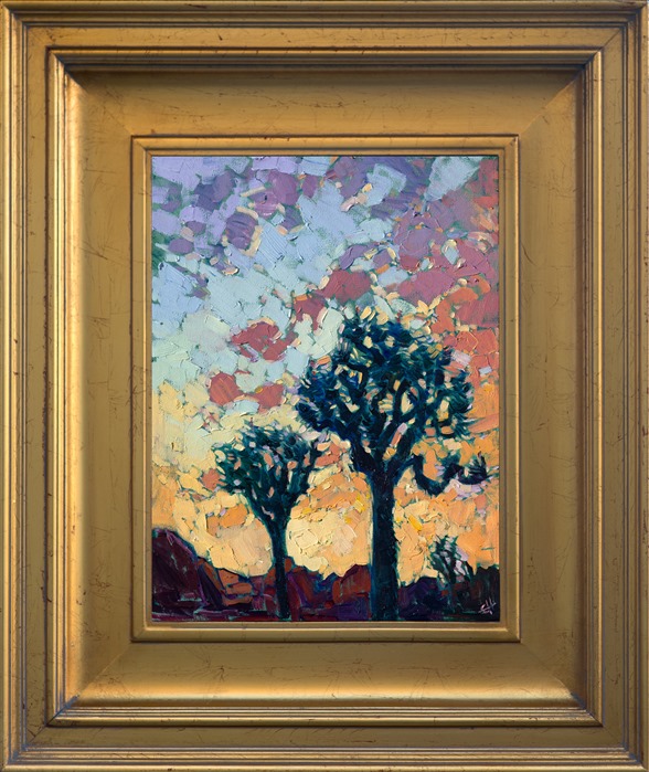 The sunsets at Joshua Tree National Park are some of the most amazing I've ever seen.  I love the way the stark Joshuas stand, like abstract sculptures, against the colored heavens.  I used thick, expressive brush strokes in this painting to capture the movement and life of the wide outdoors.</p><p>This painting was done on 3/4" stretched canvas, and it has been framed in a classic plein-air frame. It arrives wired and ready to hang.