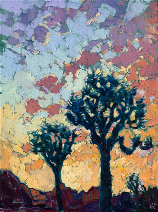 The sunsets at Joshua Tree National Park are some of the most amazing I've ever seen.  I love the way the stark Joshuas stand, like abstract sculptures, against the colored heavens.  I used thick, expressive brush strokes in this painting to capture the movement and life of the wide outdoors.</p><p>This painting was done on 3/4" stretched canvas, and it has been framed in a classic plein-air frame. It arrives wired and ready to hang.
