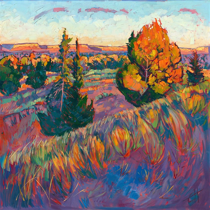 The last fiery sun light hits these desert pines in the high desert of Arizona, near Canyon de Chelly. Lots of oil paint creates a very textural painting that seems almost sculptural.

This painting was exhibited at <i>Erin Hanson: Landscapes of the West </i> solo museum exhibition at the Sears Art Museum in St. George, Utah.