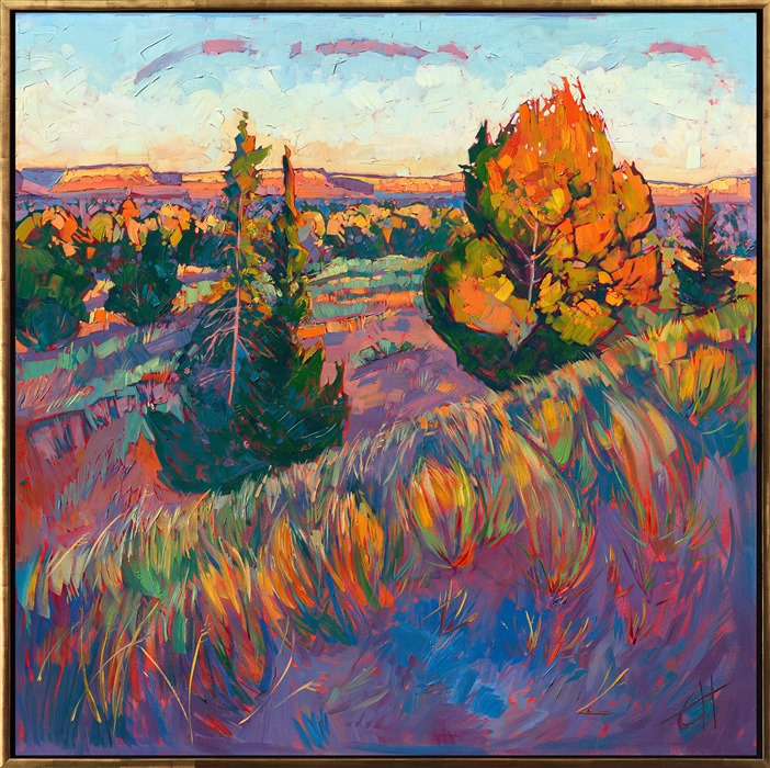 The last fiery sun light hits these desert pines in the high desert of Arizona, near Canyon de Chelly. Lots of oil paint creates a very textural painting that seems almost sculptural.</p><p>This painting was exhibited at <i>Erin Hanson: Landscapes of the West </i> solo museum exhibition at the Sears Art Museum in St. George, Utah.