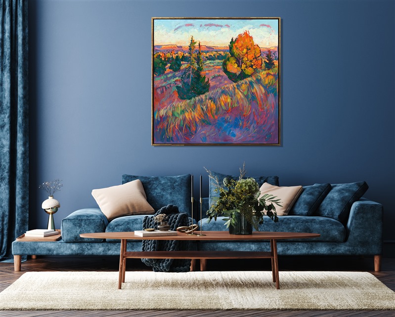 The last fiery sun light hits these desert pines in the high desert of Arizona, near Canyon de Chelly. Lots of oil paint creates a very textural painting that seems almost sculptural.</p><p>This painting was exhibited at <i>Erin Hanson: Landscapes of the West </i> solo museum exhibition at the Sears Art Museum in St. George, Utah.