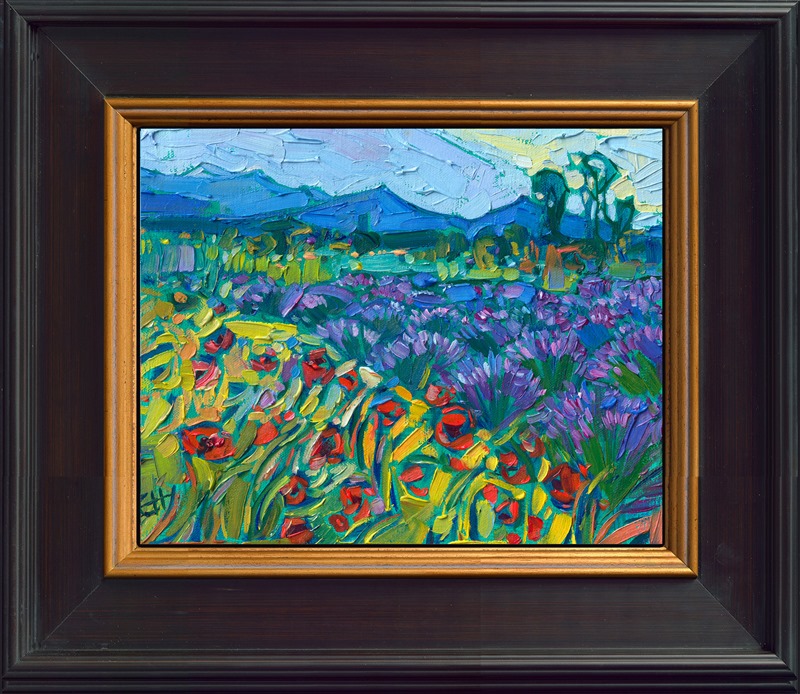 This painting captures the ephemeral beauty of lavender and poppy fields in Sequim, Washington. The brush strokes are thick and impressionistic, alive with color and energy.