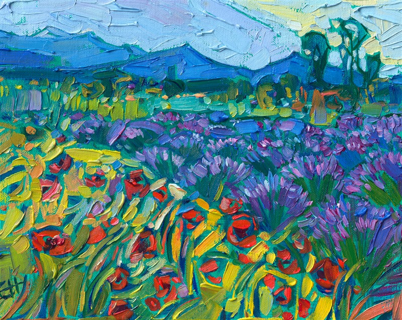 This painting captures the ephemeral beauty of lavender and poppy fields in Sequim, Washington. The brush strokes are thick and impressionistic, alive with color and energy.