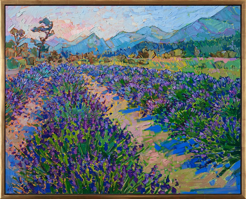 Verdant fields of lavender grow in abundance in Sequim, Washington. This painting captures the luscious colors and brings to mind a warm summer day with the air saturated with sweet floral scents.</p><p>"Lavender Fields" was created on 1-1/2" canvas, with the painting continued around the edges of the canvas. The piece has been framed in a 23kt gold floating frame.</p><p>This painting was exhibited in <i><a href="https://www.erinhanson.com/Event/ErinHansonAmericanVistas/" target="_blank">Erin Hanson: American Vistas</i></a> at the Nancy Cawdrey Studios and Gallery in Whitefish, Montana, 2019.
