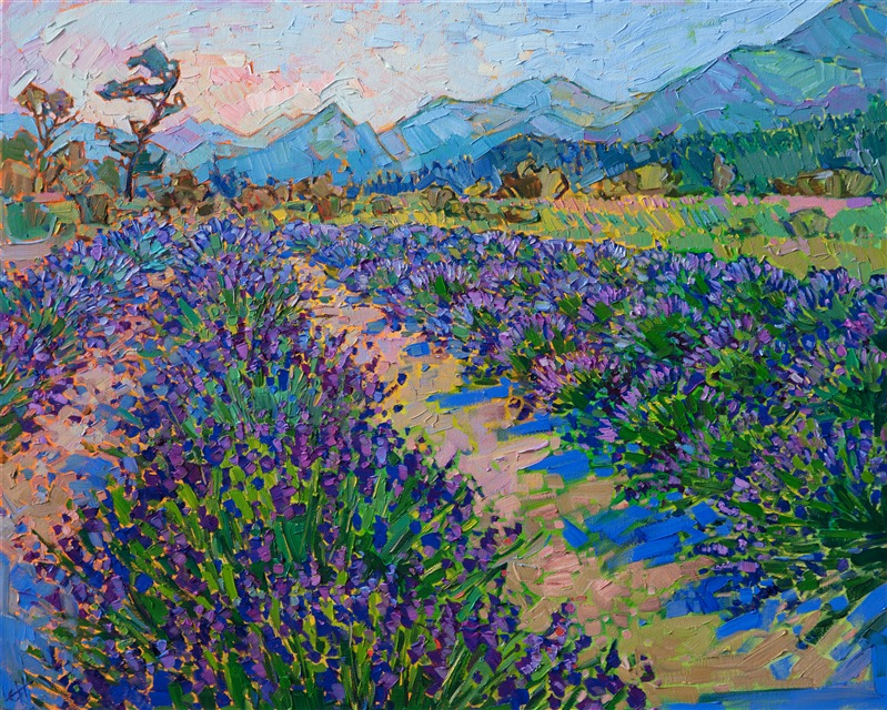 Verdant fields of lavender grow in abundance in Sequim, Washington. This painting captures the luscious colors and brings to mind a warm summer day with the air saturated with sweet floral scents.

"Lavender Fields" was created on 1-1/2" canvas, with the painting continued around the edges of the canvas. The piece has been framed in a 23kt gold floating frame.

This painting was exhibited in <i><a href="https://www.erinhanson.com/event/ErinHansonAmericanVistas" target="_blank">Erin Hanson: American Vistas</i></a> at the Nancy Cawdrey Studios and Gallery in Whitefish, Montana, 2019.