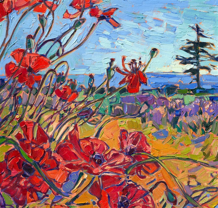 I returned to Washington this year on photo safari, and one of my goals for the trip was to find this one meadow of red poppies that I had seen ten years ago growing next to a field of lavender in Sequim. I returned to the same location, but unfortunately, the field of poppies had been replaced by Shasta daisies (which I ended up painting anyway)... but as I was walking around the landscape between the lavender fields, I discovered this one tiny patch of red poppies still remaining from all those years ago, tucked away underneath a white fence. I took dozens of photos of this tiny patch of poppies, and this is the first painting I created of that memory.