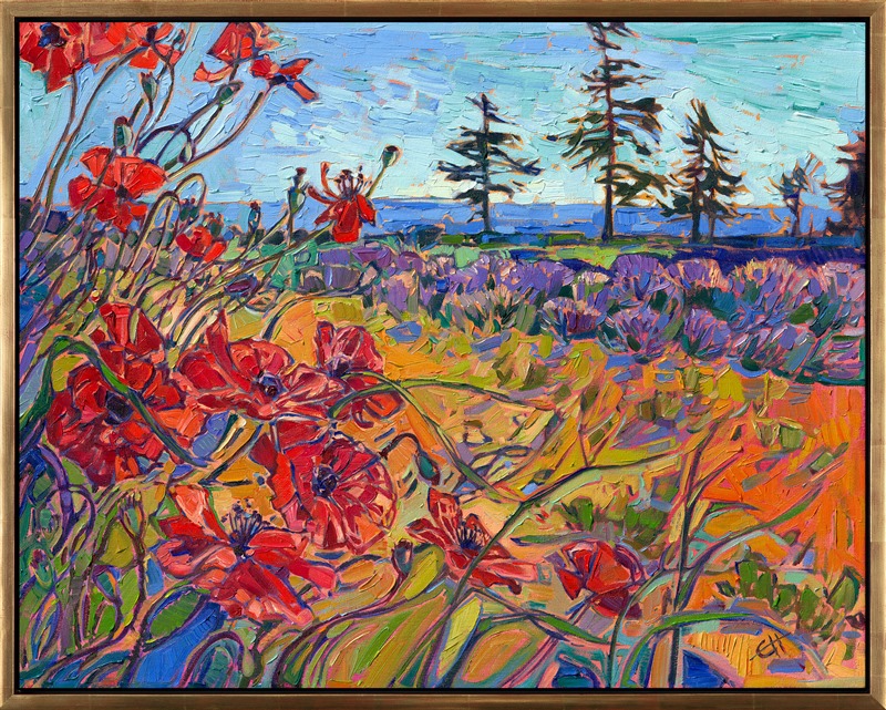 I returned to Washington this year on photo safari, and one of my goals for the trip was to find this one meadow of red poppies that I had seen ten years ago growing next to a field of lavender in Sequim. I returned to the same location, but unfortunately, the field of poppies had been replaced by Shasta daisies (which I ended up painting anyway)... but as I was walking around the landscape between the lavender fields, I discovered this one tiny patch of red poppies still remaining from all those years ago, tucked away underneath a white fence. I took dozens of photos of this tiny patch of poppies, and this is the first painting I created of that memory.