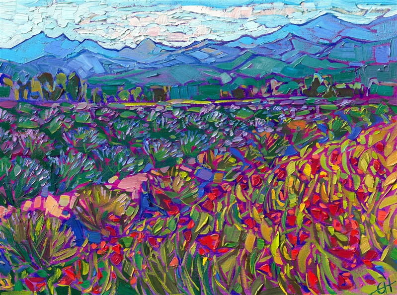 This northwestern oil painting captures rows of cultivated lavender fields and red poppies growing beneath the distant blue coastal mountains. This petite oil painting arrives framed in a plein air frame, ready to hang.