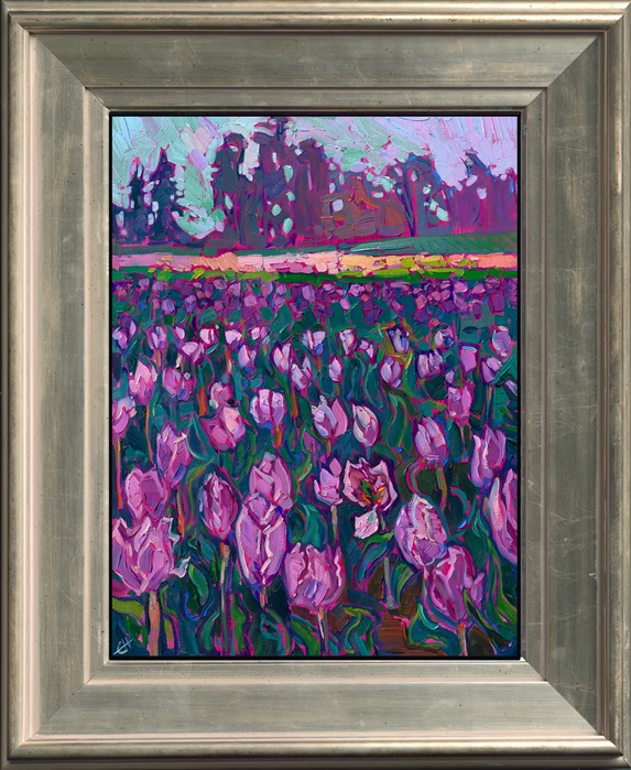 The Woodburn tulip fields in Oregon's Willamette Valley are captured here in thick, expressive brushstrokes of oil paint. The vibrant colors seem to pop from the canvas, capturing the springtime beauty of the scene.</p><p>"Lavender Tulips" is an original oil painting on linen board. The piece arrives framed in a wide, custom frame designed to set off the colors in the piece.</p><p>This painting will be displayed at Erin Hanson's annual <a href="https://www.erinhanson.com/Event/ErinHansonSmallWorks2022" target=_"blank"><i>Petite Show</a></i> on November 19th, 2022, at The Erin Hanson Gallery in McMinnville, OR.<br/>