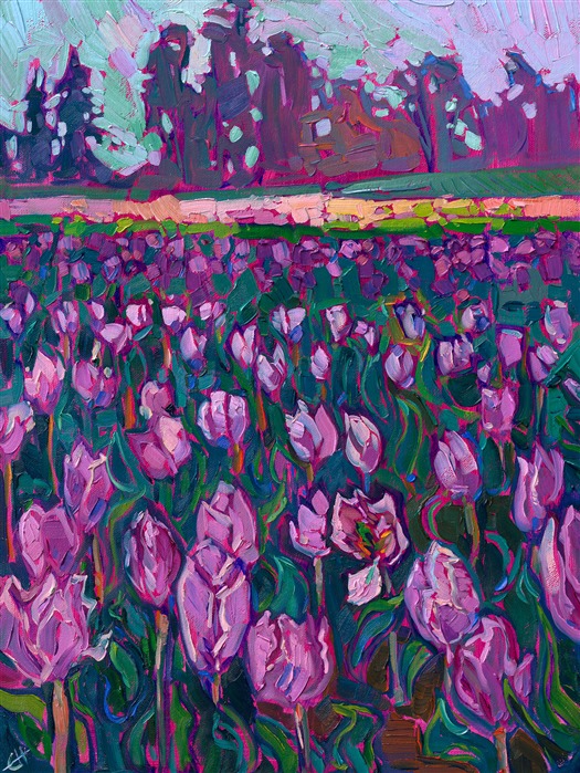 The Woodburn tulip fields in Oregon's Willamette Valley are captured here in thick, expressive brushstrokes of oil paint. The vibrant colors seem to pop from the canvas, capturing the springtime beauty of the scene.</p><p>"Lavender Tulips" is an original oil painting on linen board. The piece arrives framed in a wide, custom frame designed to set off the colors in the piece.</p><p>This painting will be displayed at Erin Hanson's annual <a href="https://www.erinhanson.com/Event/ErinHansonSmallWorks2022" target=_"blank"><i>Petite Show</a></i> on November 19th, 2022, at The Erin Hanson Gallery in McMinnville, OR.<br/>