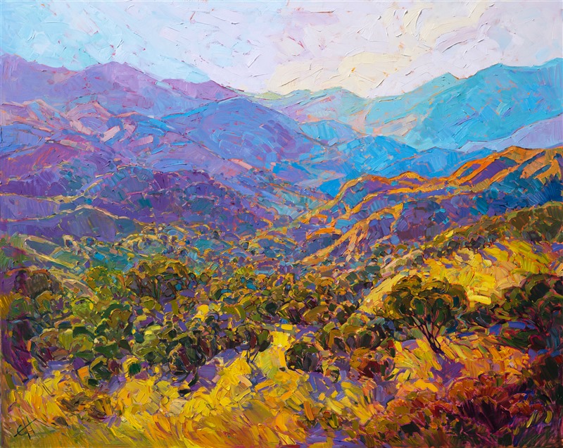 Vibrant light plays across these layered hills and mountains in Carmel Valley, in central California.  The rich colors of late spring come alive on the canvas, captured with bold, impressionistic brush strokes and thickly applied oil paint.  The luscious brush strokes create a rhythm of texture and motion within the painting, keeping the eye ever roaming to the next mountainside in the distance.</p><p>This painting was created on 2"-deep canvas, with the painting continued around the sides of the painting. The piece will arrive framed in a gold floater frame, allowing you to see the full edges of the canvas.