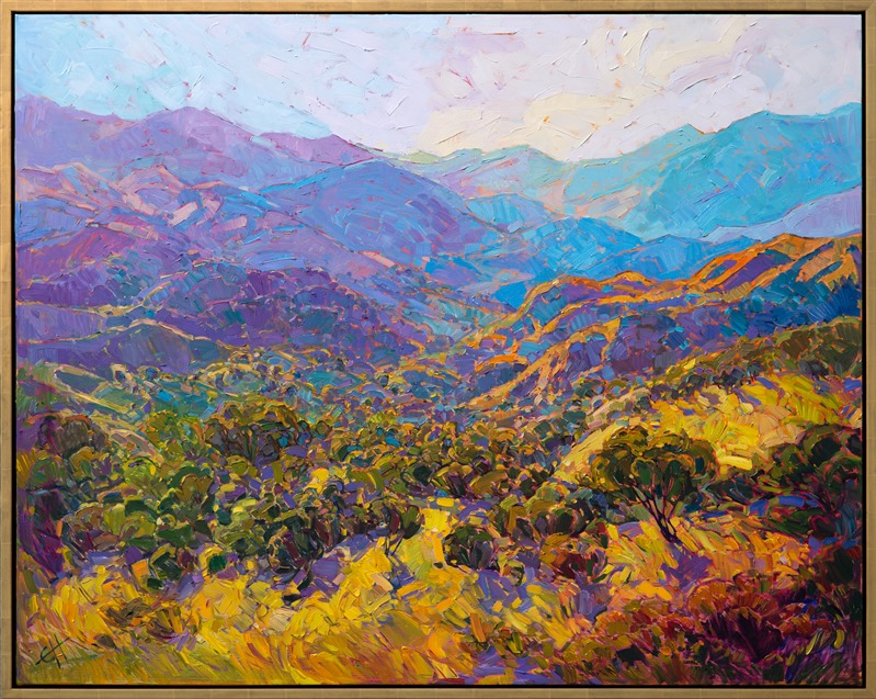 Vibrant light plays across these layered hills and mountains in Carmel Valley, in central California.  The rich colors of late spring come alive on the canvas, captured with bold, impressionistic brush strokes and thickly applied oil paint.  The luscious brush strokes create a rhythm of texture and motion within the painting, keeping the eye ever roaming to the next mountainside in the distance.</p><p>This painting was created on 2"-deep canvas, with the painting continued around the sides of the painting. The piece will arrive framed in a gold floater frame, allowing you to see the full edges of the canvas.