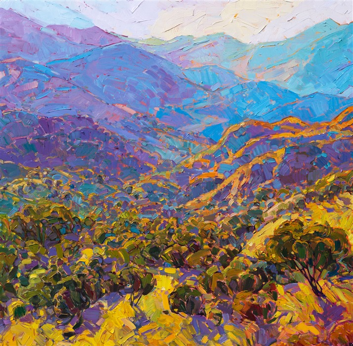 Vibrant light plays across these layered hills and mountains in Carmel Valley, in central California.  The rich colors of late spring come alive on the canvas, captured with bold, impressionistic brush strokes and thickly applied oil paint.  The luscious brush strokes create a rhythm of texture and motion within the painting, keeping the eye ever roaming to the next mountainside in the distance.</p><p>This painting was created on 2"-deep canvas, with the painting continued around the sides of the painting. The piece will arrive framed in a gold floater frame, allowing you to see the full edges of the canvas.