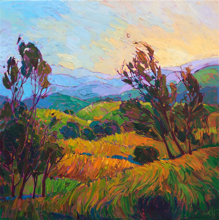 Layers of color fade into the distance in this impressionist oil painting of Paso Robles, central California's wine country.  The brush strokes are thickly applied, full of life and movement.

This painting was created on gallery depth canvas, with the painting continued around the edges of the stretched canvas. It arrives ready to hang without a frame needed.
