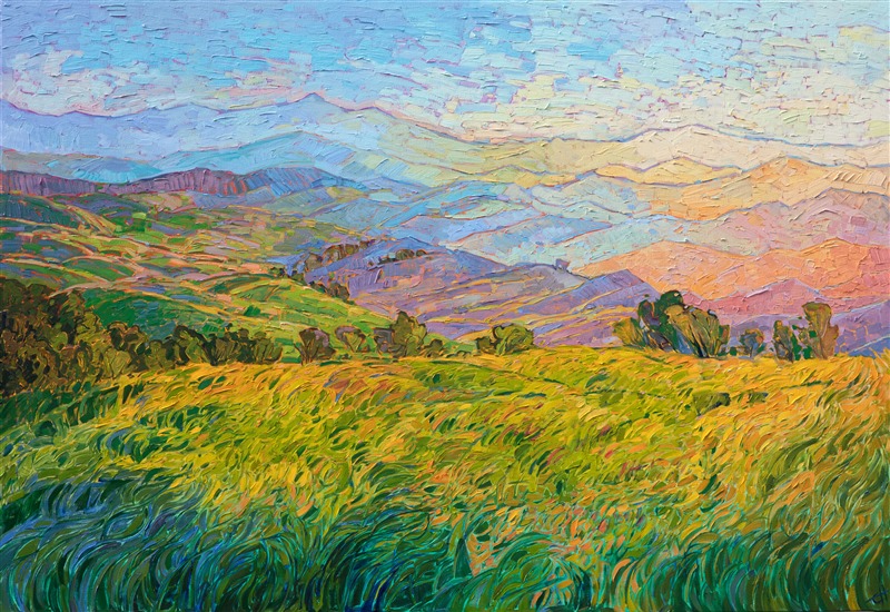 Layers of afternoon light fade into the distance, abstract shapes interacting to form a medley of color and light. This painting captures the coastal range of Paso Robles, California. The brush strokes are thick and impressionistic, capturing the texture of the moving grasses and scintillating light.

This painting was created on 1-1/2" canvas, with the painting continued around the edges of the piece. The painting has been framed in a custom gold floater frame.