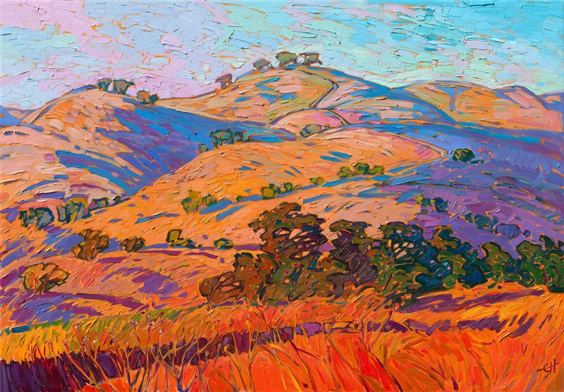 Luscious layers of golden hills stretch up into a dawning sky in this landscape of Paso Robles, California. Wine country is famous for its perfectly rounded hills and ancient oak trees. Summer is a wonderful time to experience the rich colors of this region.</p><p>"Layers of Gold" was created on 1-1/2" deep stretched linen. The piece arrives framed in a contemporary gold floater frame.