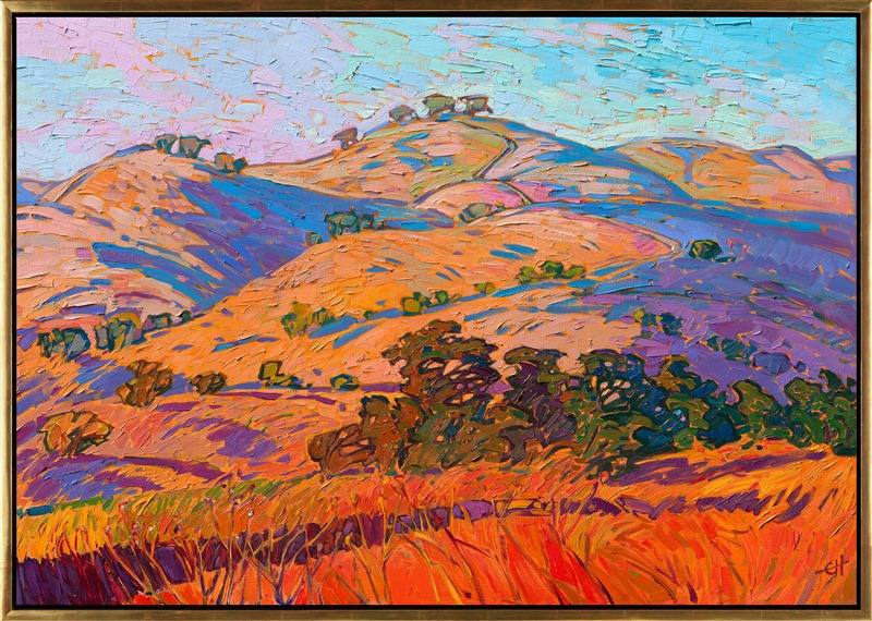 Luscious layers of golden hills stretch up into a dawning sky in this landscape of Paso Robles, California. Wine country is famous for its perfectly rounded hills and ancient oak trees. Summer is a wonderful time to experience the rich colors of this region.</p><p>"Layers of Gold" was created on 1-1/2" deep stretched linen. The piece arrives framed in a contemporary gold floater frame.