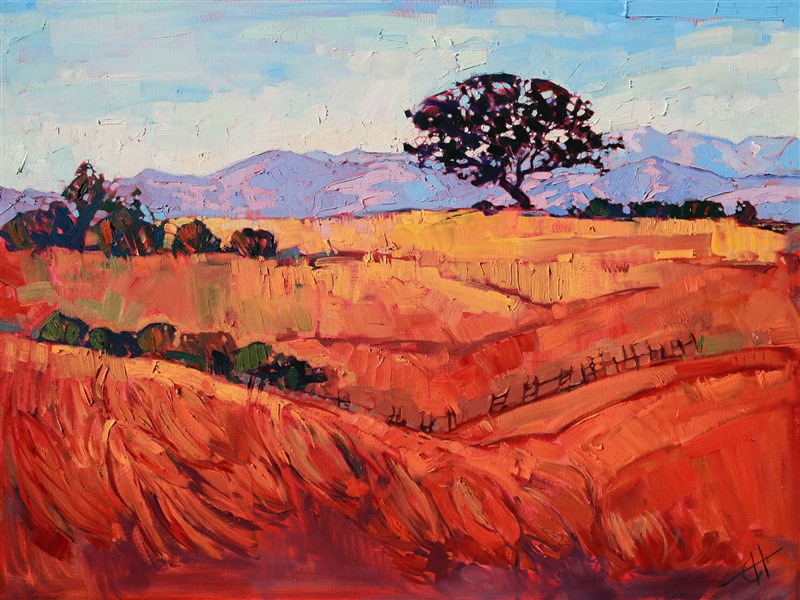 Layers of summer colors in red and gold grace the hillsides of east Paso Robles. The distant mountains seem cool and restful in the distant atmosphere. This painting was created with bold, impasto brush strokes that capture the spontaneous feeling of the wide outdoors.