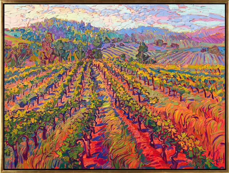 Rolling hills of vineyards create overlapping layers of texture and movement within this painting. The thick, impressionistic brush strokes add dimension and energy to the scene. This painting was inspired by pinot vines in the Willamette Valley, Oregon.</p><p>"Layers of Vines" was created on gallery-depth canvas, and the piece arrives framed in a contemporary gold floater frame, ready to hang.