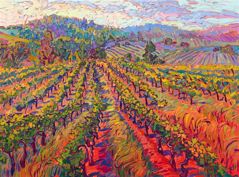 Rolling hills of vineyards create overlapping layers of texture and movement within this painting. The thick, impressionistic brush strokes add dimension and energy to the scene. This painting was inspired by pinot vines in the Willamette Valley, Oregon.</p><p>"Layers of Vines" was created on gallery-depth canvas, and the piece arrives framed in a contemporary gold floater frame, ready to hang.