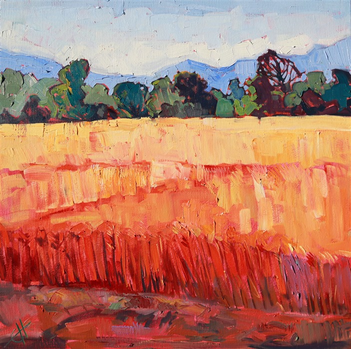 The thick, lush wheat fields of central Oregon turn beautiful shades of orange and gold in July. The distant mountains are blue in the summer atmosphere. This painting embodies the loose, impressionistic style of the artist.